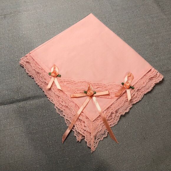 Vintage 1960s Handmade Ladies Lacy Handkerchief in Soft Peach w/Roses, Ribbon - Picture 1 of 9